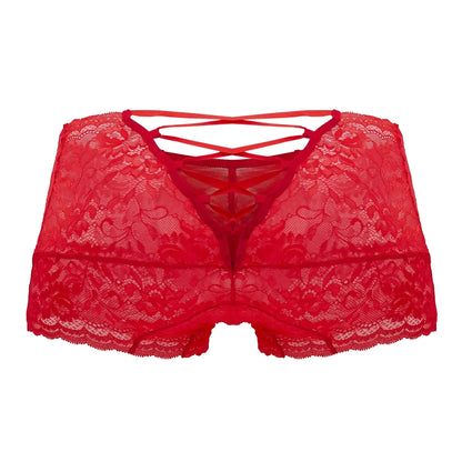 Red lace trunks with crisscross back design from candyman 99745 in vibrant red lace lingerie