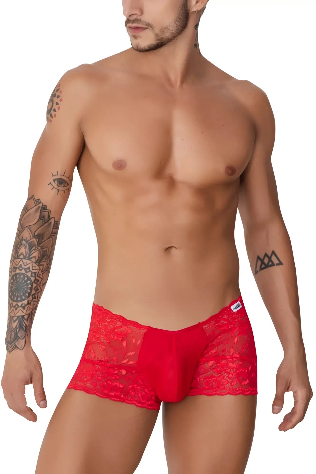 CandyMan 99745 lace trunks in red featuring sheer patterned lace with a solid red front panel men’s briefs