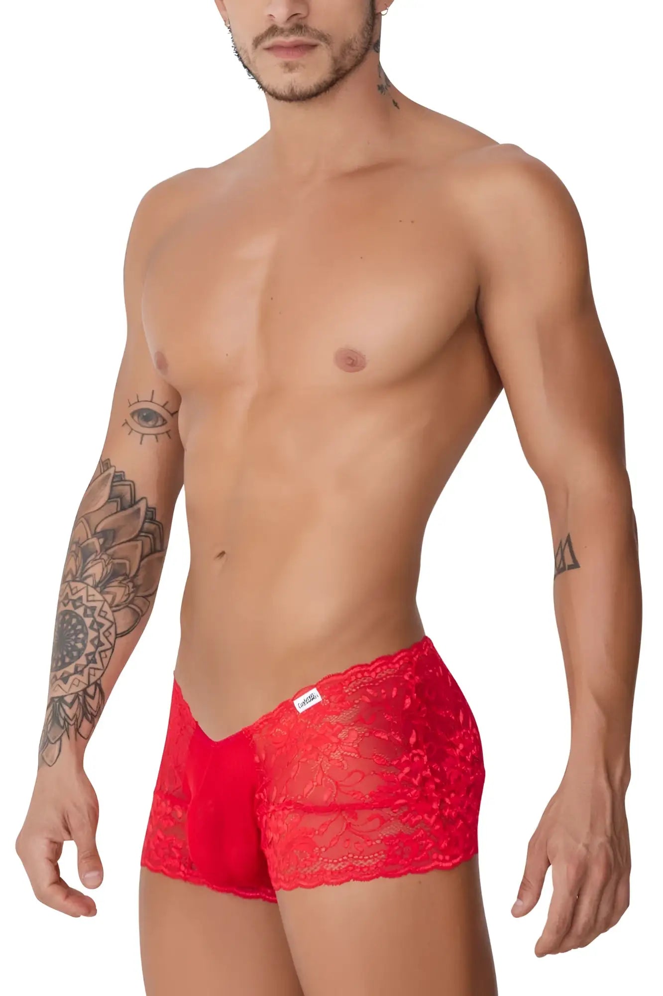 Red lace men’s briefs by candyman 99745 with solid red front panel and floral embroidered waistband