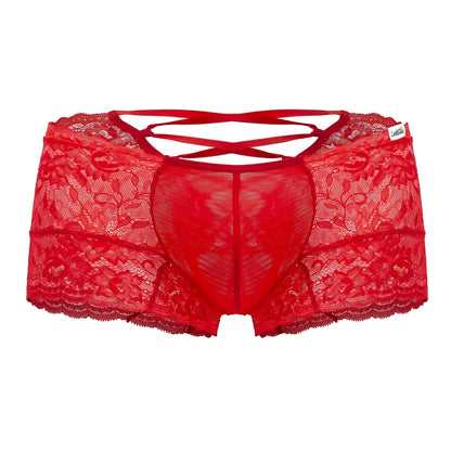 Red lace underwear trunks by candyman with a crisscross back strap design in vibrant red lace material