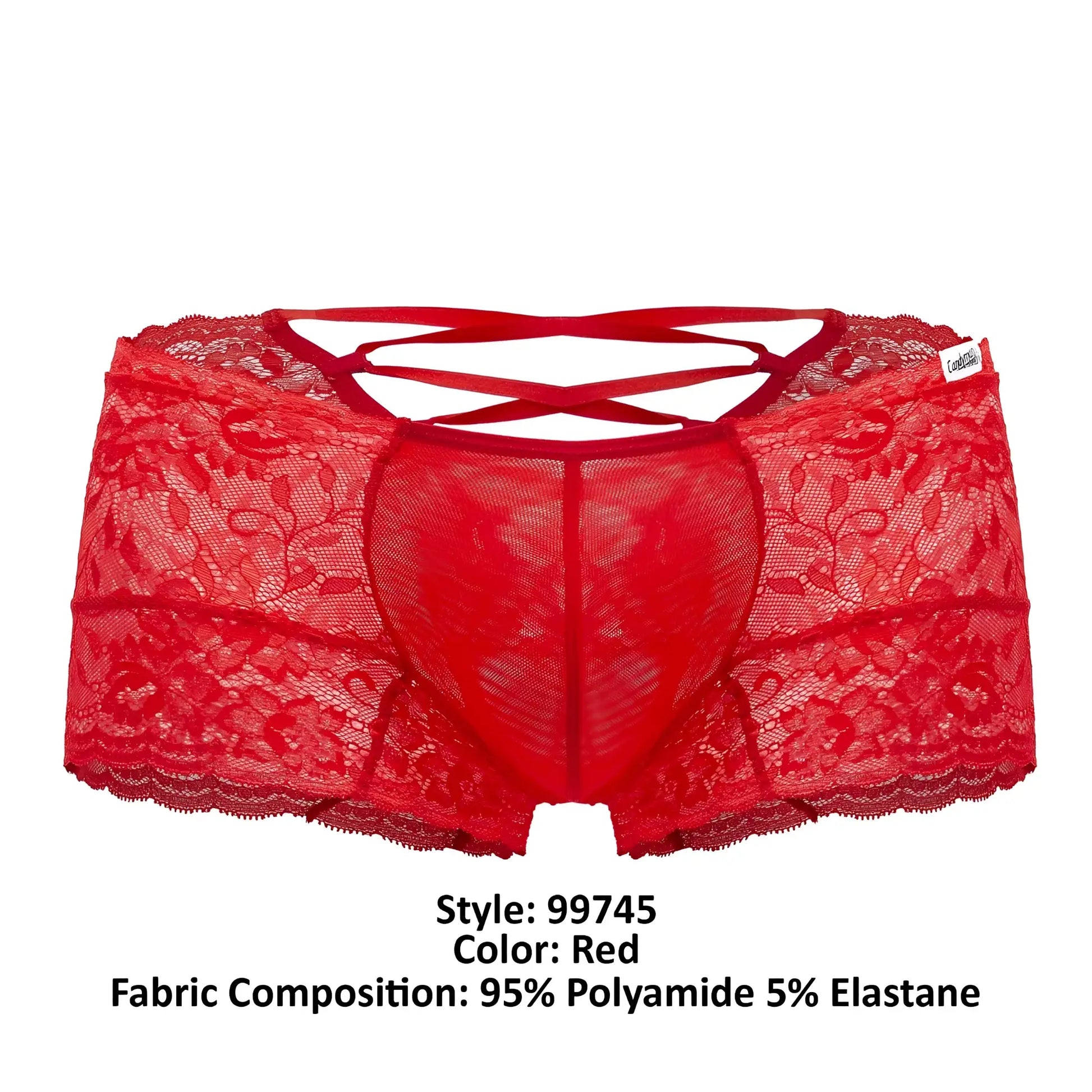 Red lace underwear candy man 99745 lace trunks with crisscross straps and scalloped edges in red