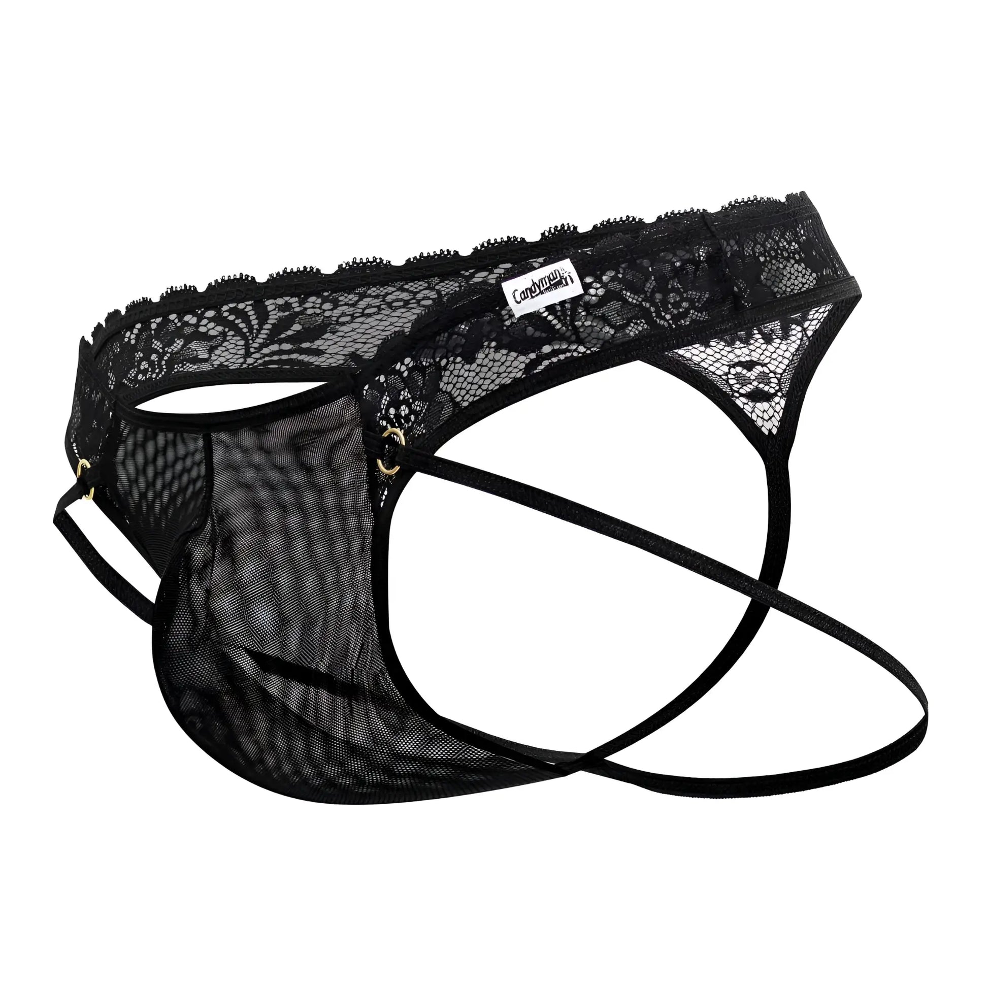 CandyMan 99747 black lace and mesh men’s thong with branded tag showcasing front design