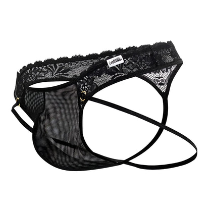 CandyMan 99747 black lace and mesh men’s thong with branded tag showcasing front design