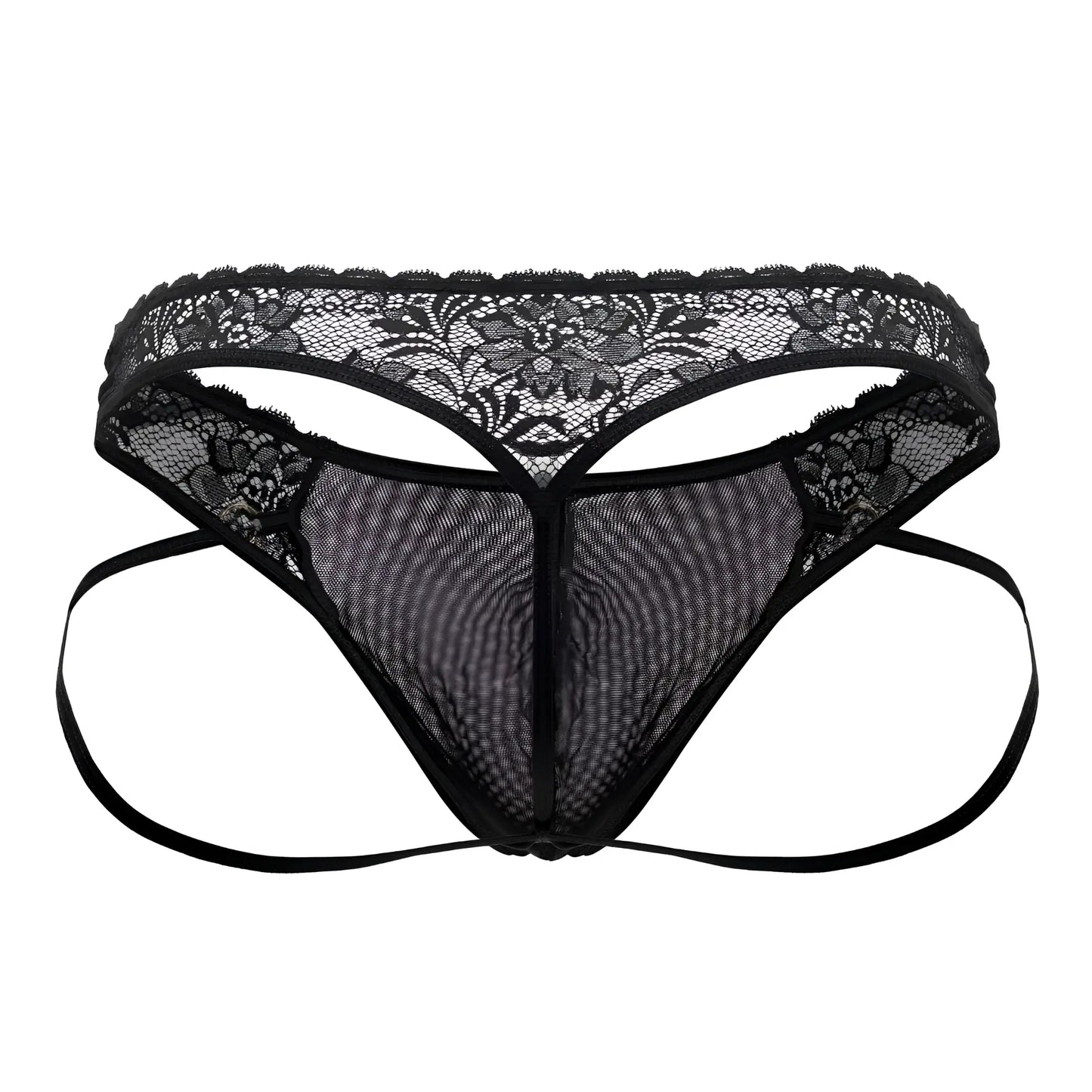Black lace thong candyMan 99747 with floral pattern and mesh fabric in black shown from the back side