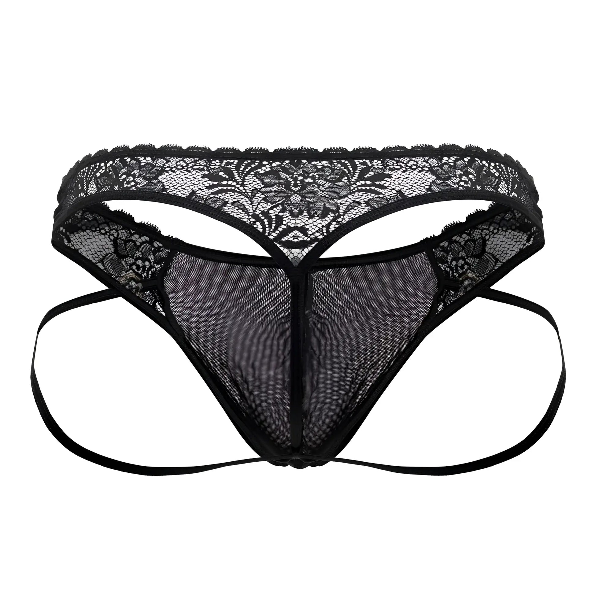 Black lace thong candyMan 99747 with floral pattern and mesh fabric in black shown from the back side