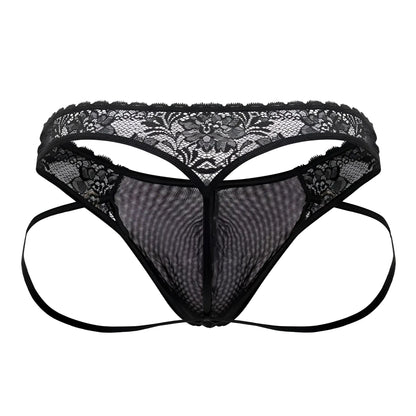 Black lace thong candyMan 99747 with floral pattern and mesh fabric in black shown from the back side