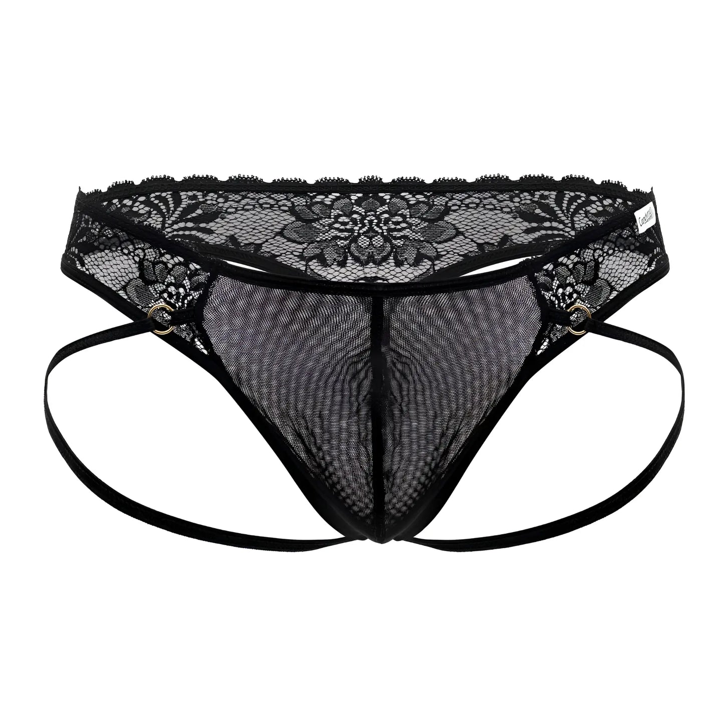 Black lace-trimmed mesh thong with adjustable straps and metallic grommets from Candyman 99747 in black color