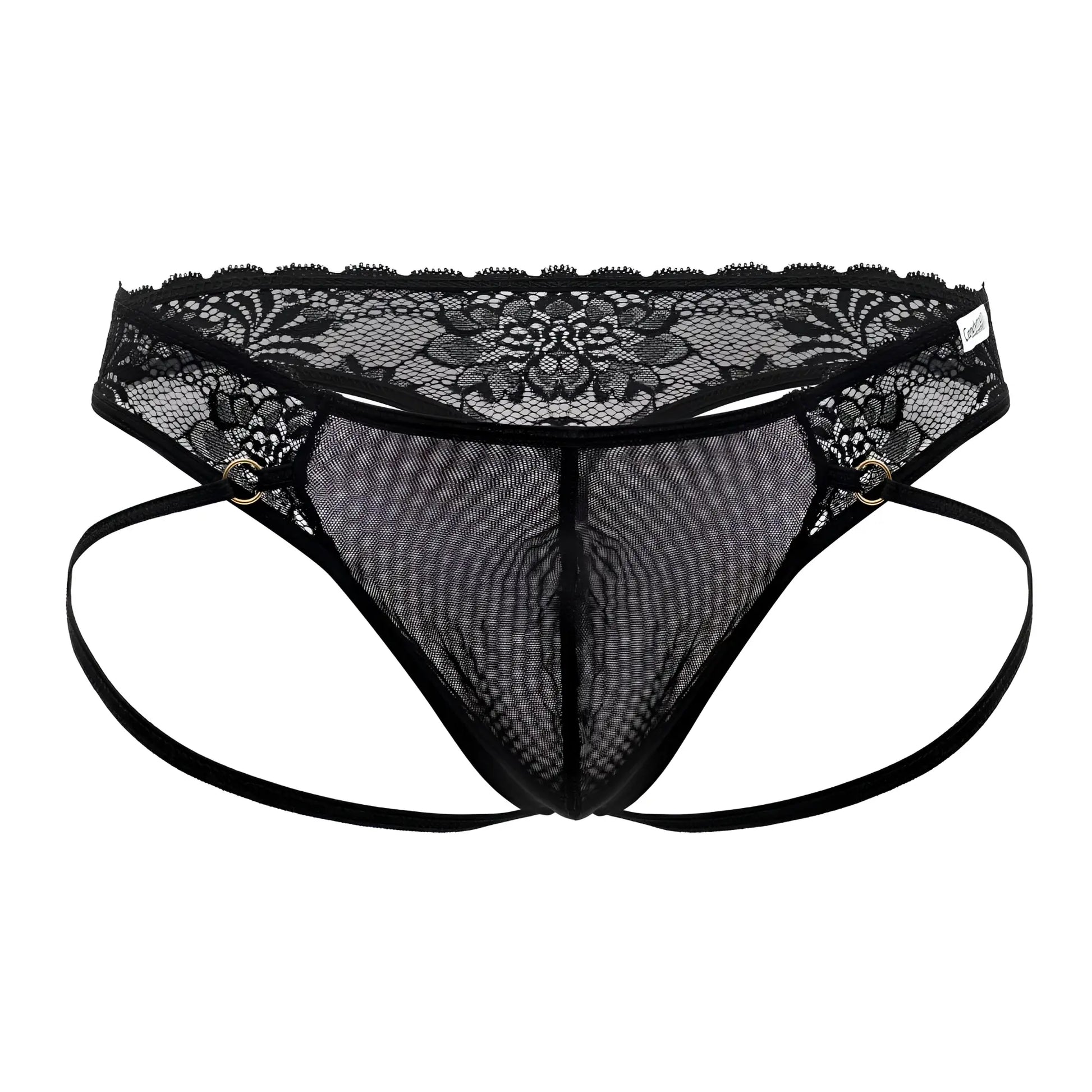 Black lace-trimmed mesh thong with adjustable straps and metallic grommets from Candyman 99747 in black color