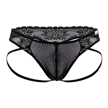 Black lace-trimmed mesh thong with adjustable straps and metallic grommets from Candyman 99747 in black color