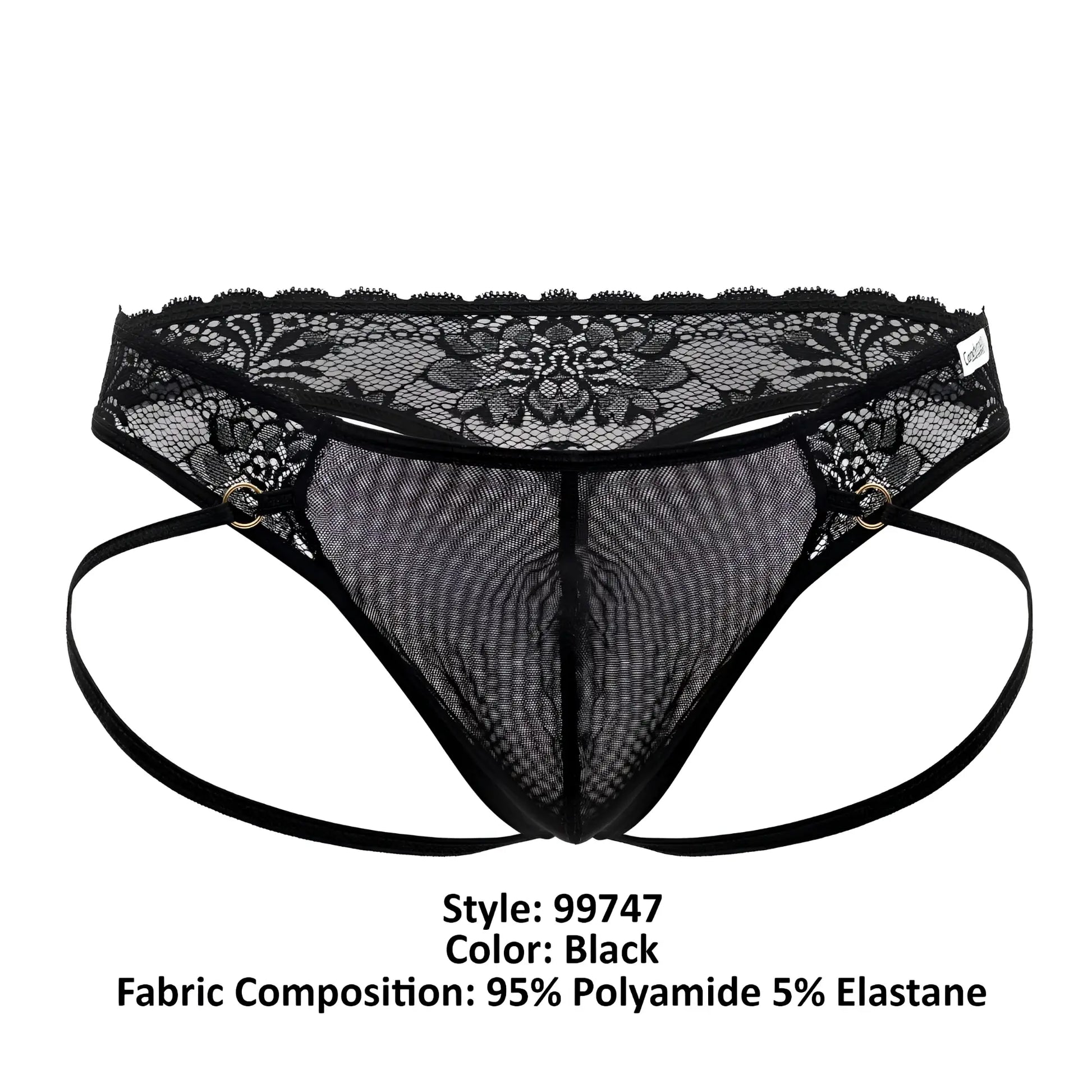 Black candyMan 99747 lace thong with lace trim mesh material adjustable side straps and central seam visible