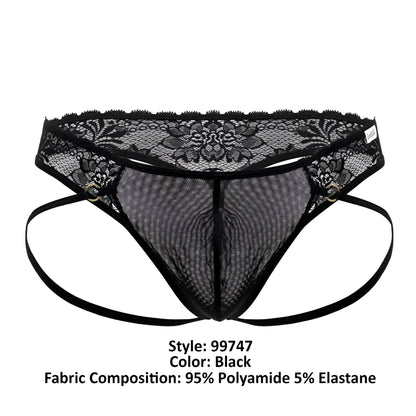 Black candyMan 99747 lace thong with lace trim mesh material adjustable side straps and central seam visible