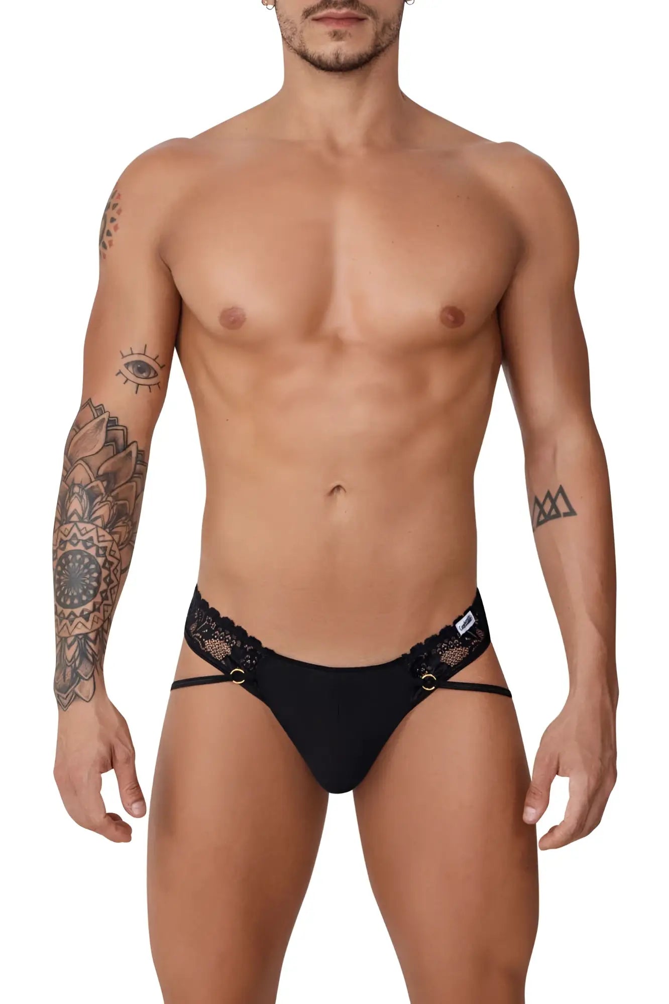 Black lace-trimmed thong candyMan 99747 with sleek form-fitting design in black lace material