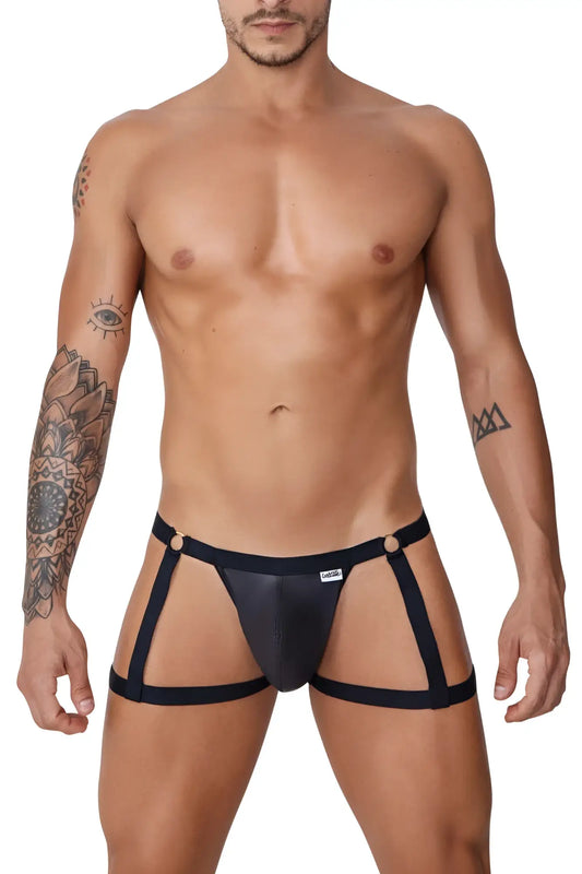 Black leather-like thong garter jockstrap with four side straps and white candyMan brand tag on the front