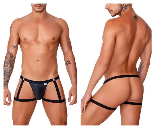 Black leather thong garter jockstrap with adjustable side straps and gold-tone hardware by candyman