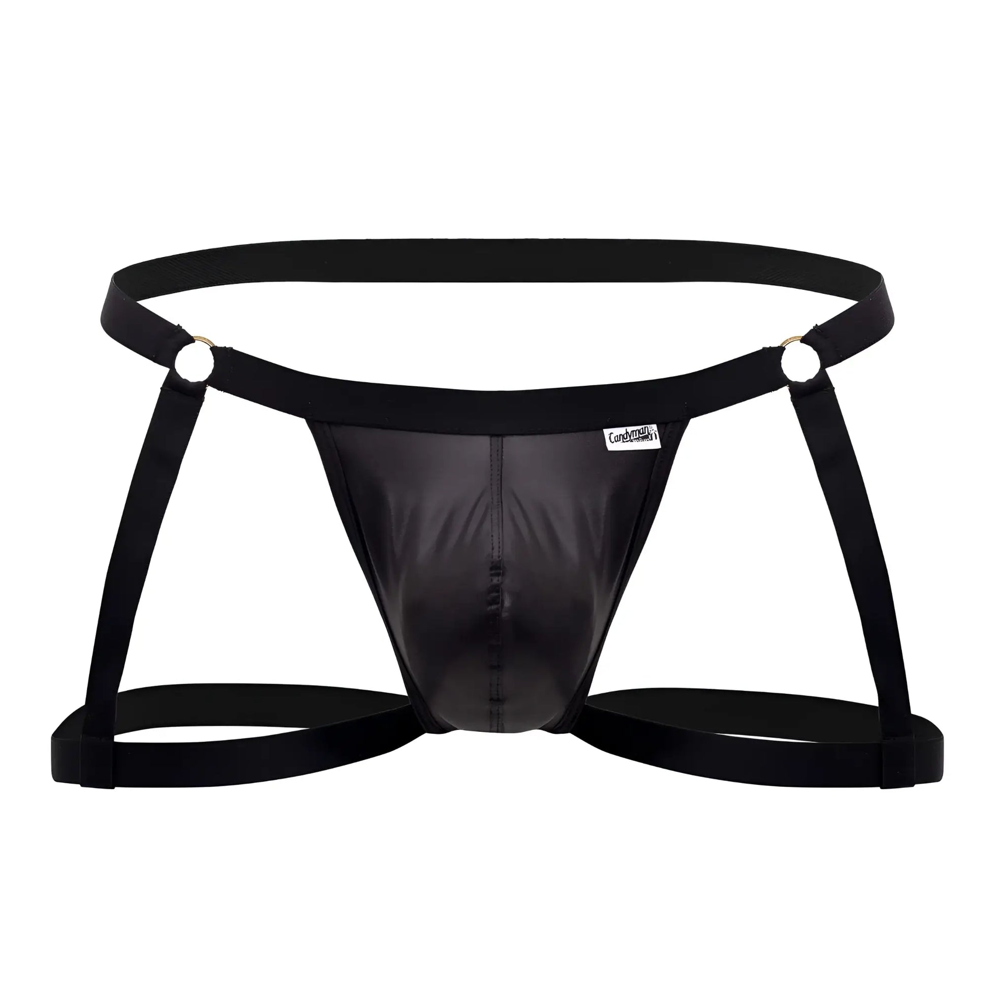 Black patent leather candyMan 99749 garter jockstrap briefs with adjustable straps and silver metal rings