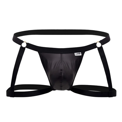 Black patent leather candyMan 99749 garter jockstrap briefs with adjustable straps and silver metal rings