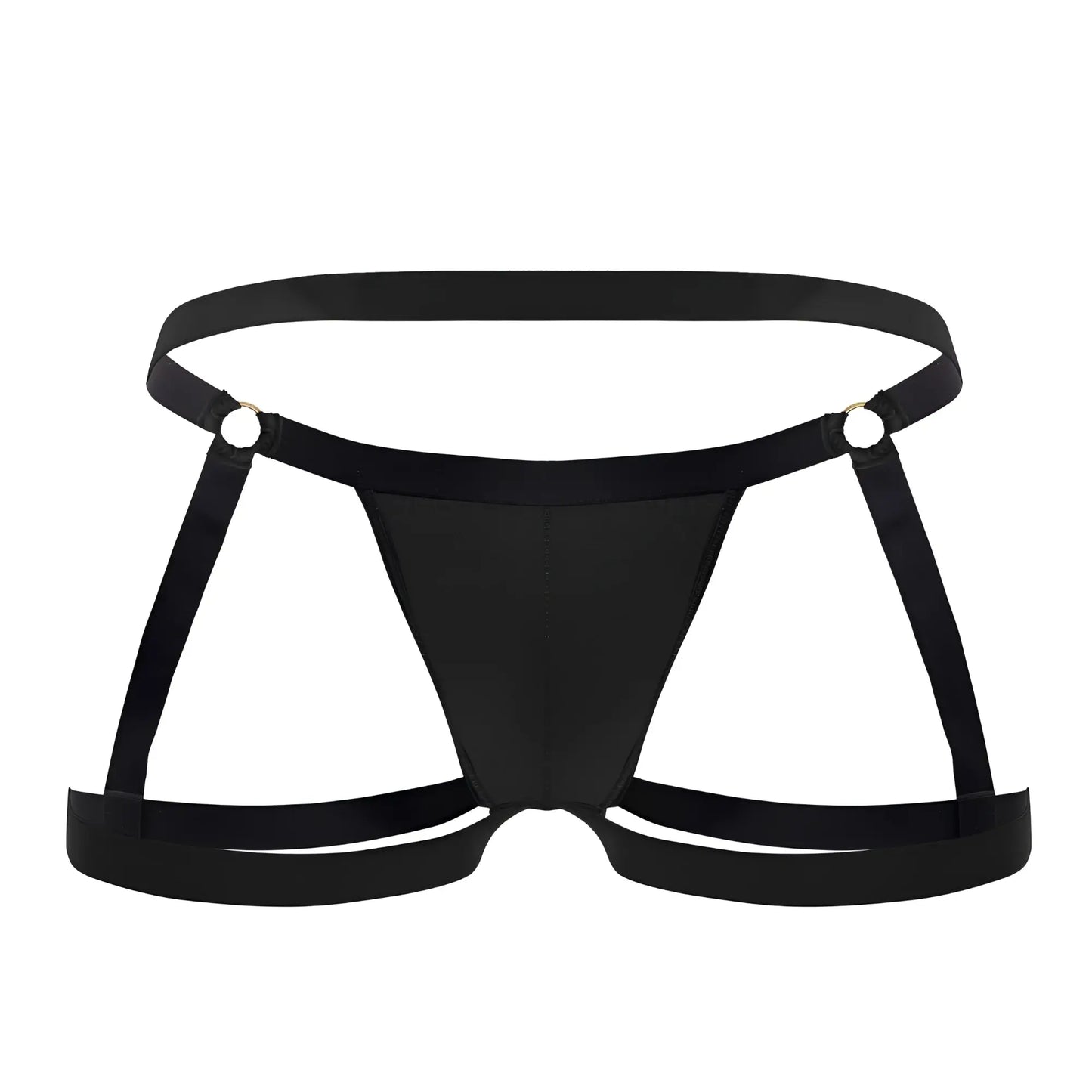 CandyMan 99749 black satin garter jockstrap briefs with adjustable straps and metallic grommets front view