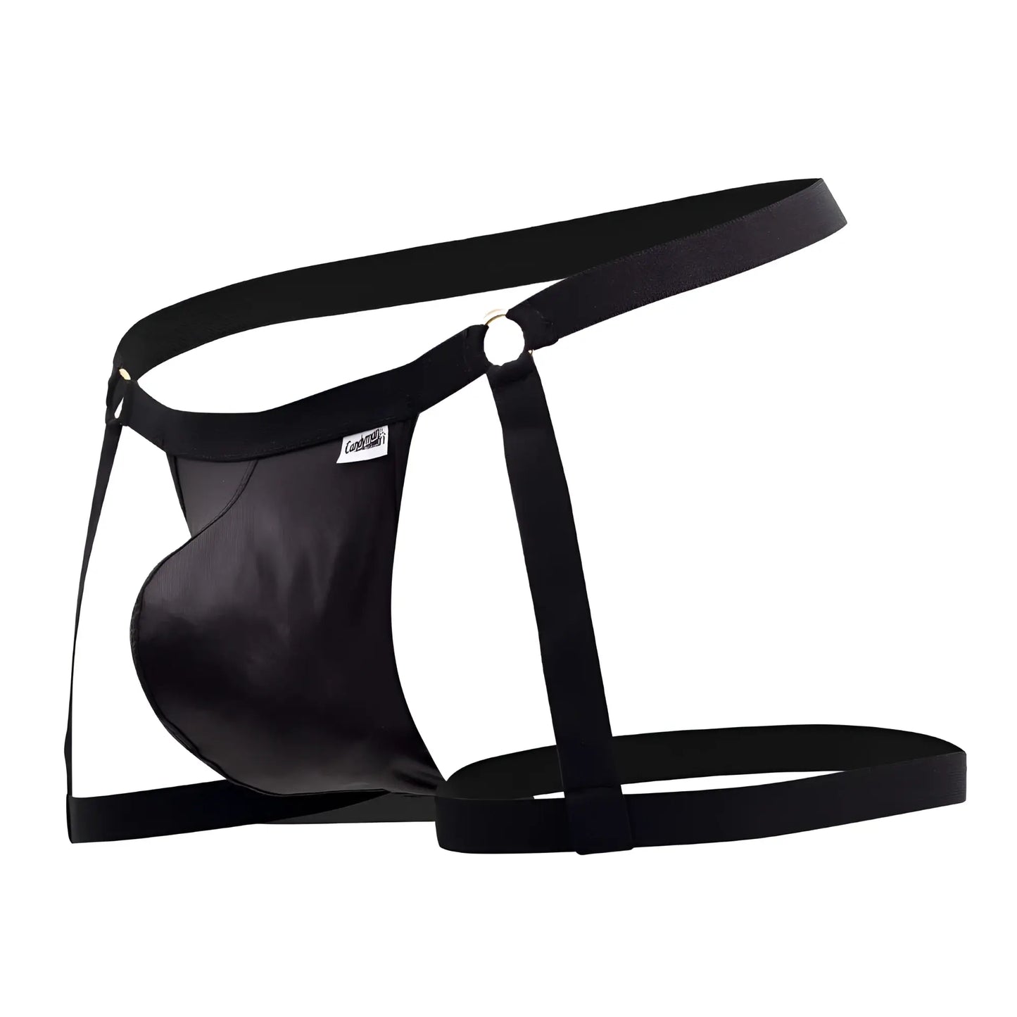 Black satin-like candyMan 99749 garter jockstrap men’s thong with adjustable straps and central ring