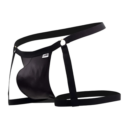Black satin-like candyMan 99749 garter jockstrap men’s thong with adjustable straps and central ring