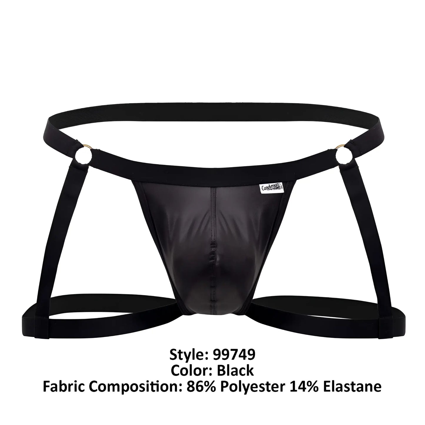 Black shiny polyester and elastane briefs with adjustable harness straps candyMan 99749 garter jockstrap