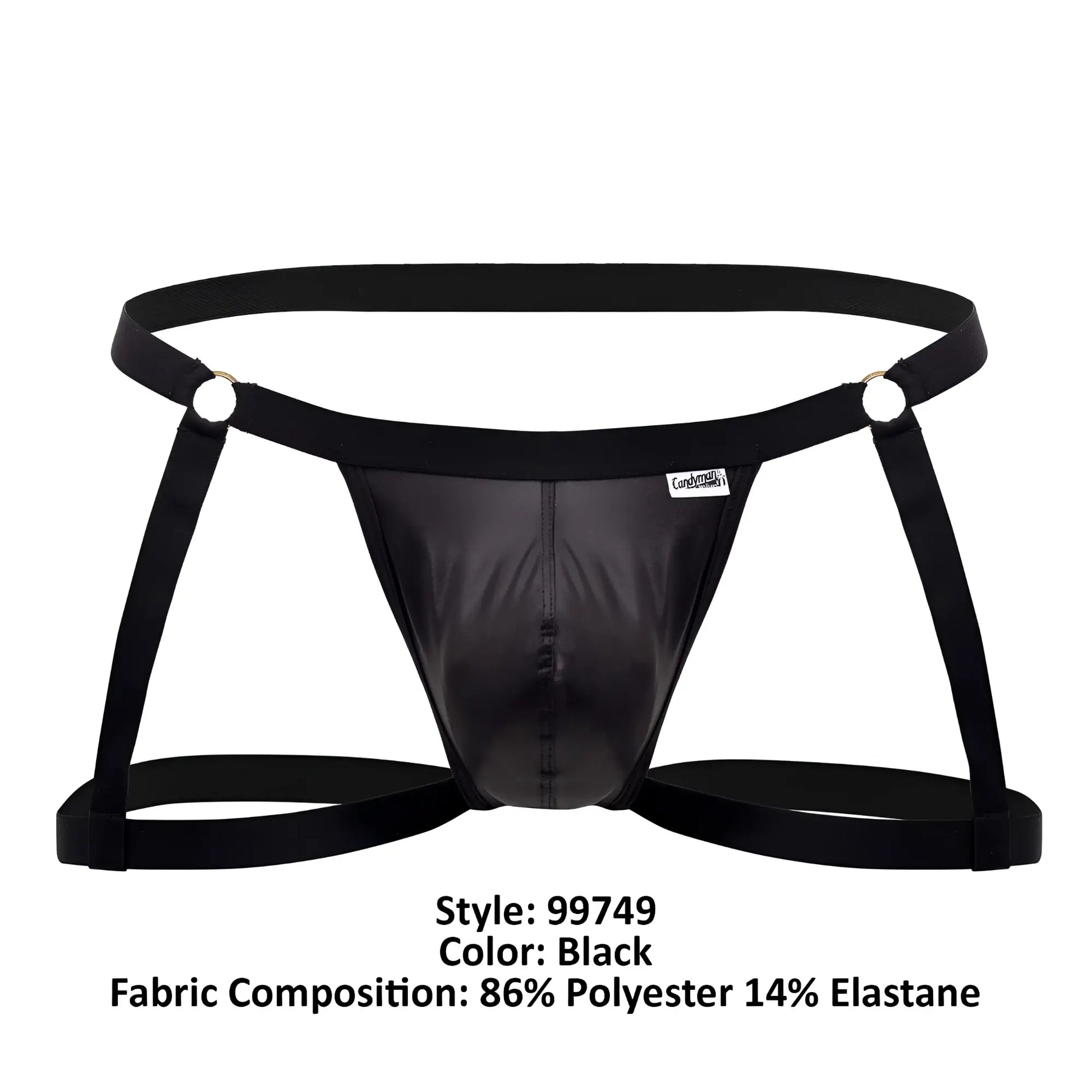 Black shiny polyester and elastane briefs with adjustable harness straps candyMan 99749 garter jockstrap