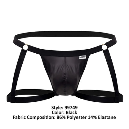 Black shiny polyester and elastane briefs with adjustable harness straps candyMan 99749 garter jockstrap