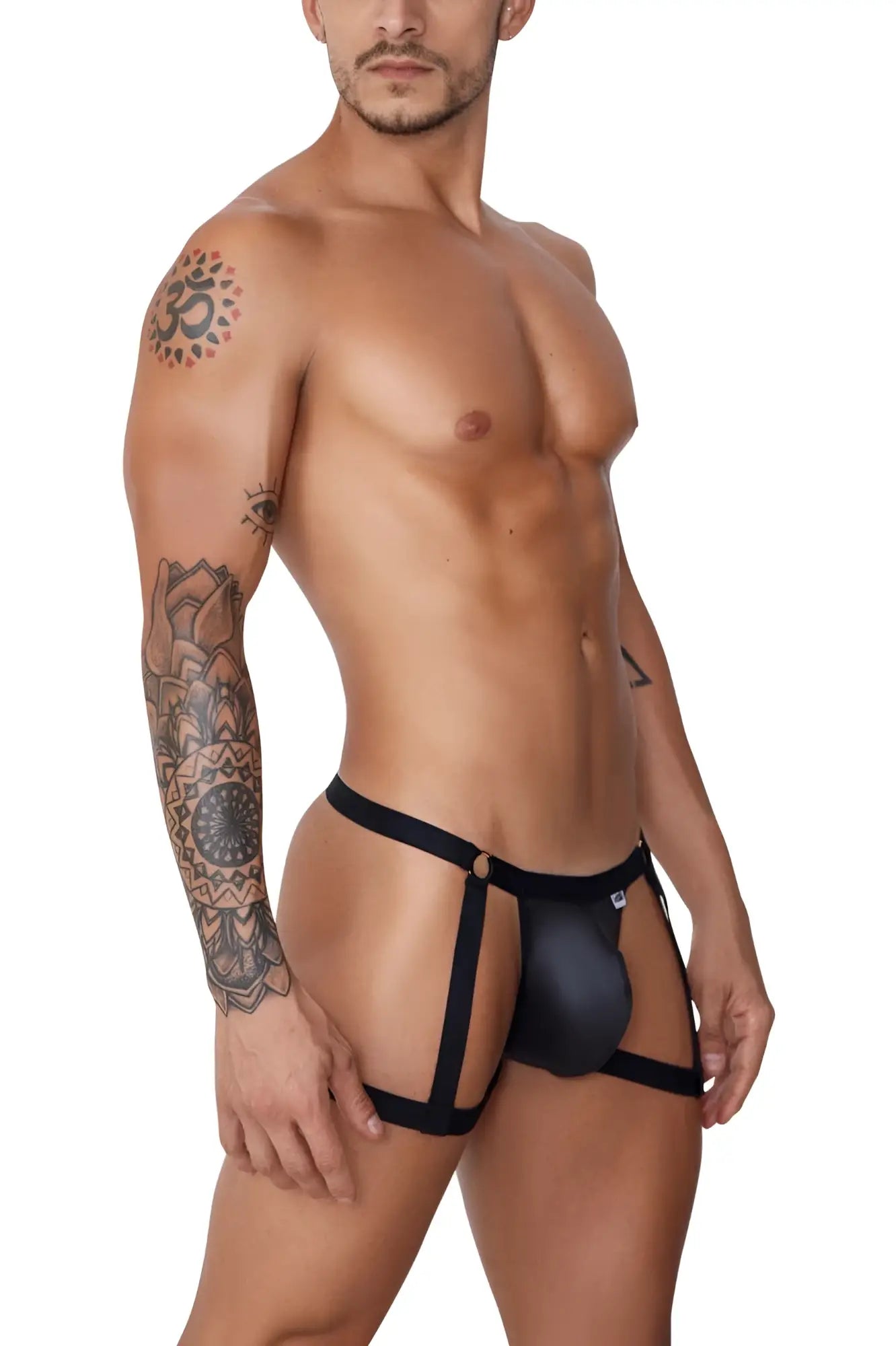 Black Candyman 99749 garter jockstrap with sleek strappy design and form-fitting men’s briefs front view