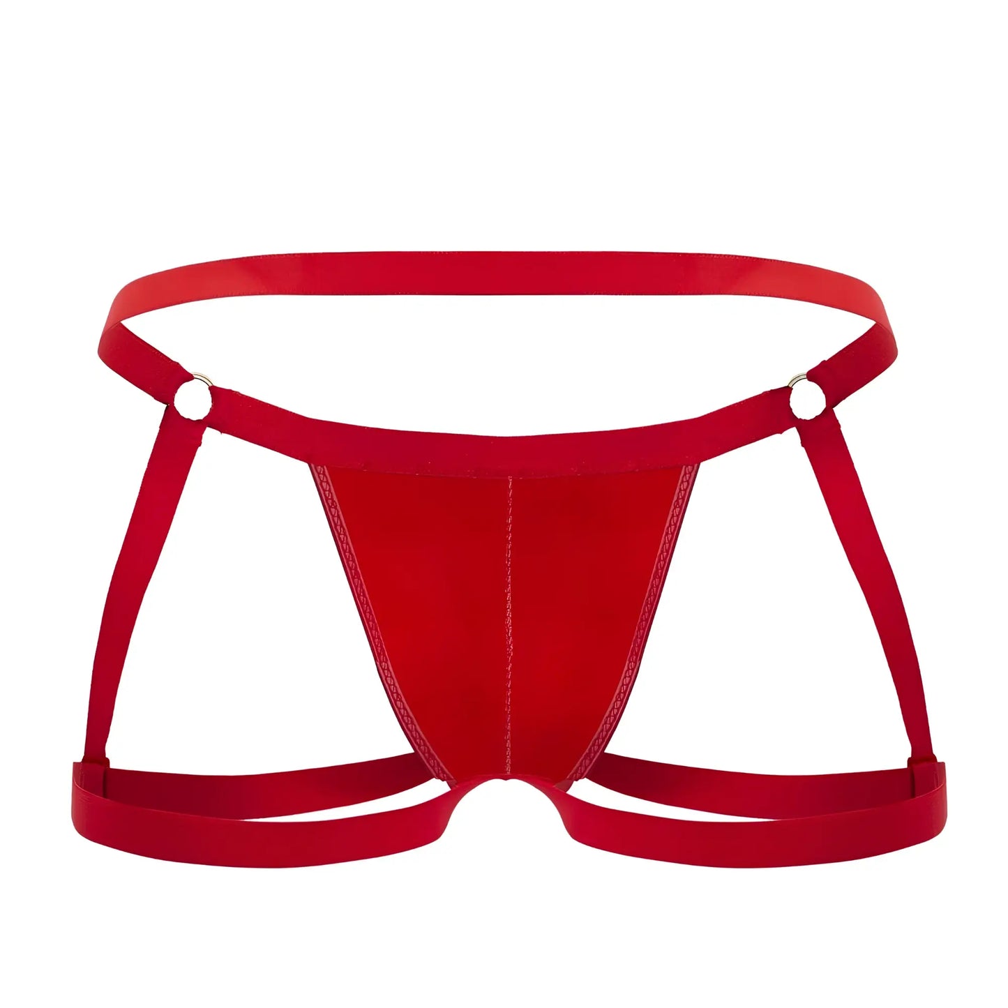 Red satin-like fabric briefs with strappy harness design and silver metal clasps candyMan 99749 garter jockstrap red