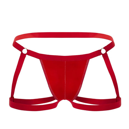 Red satin-like fabric briefs with strappy harness design and silver metal clasps candyMan 99749 garter jockstrap red