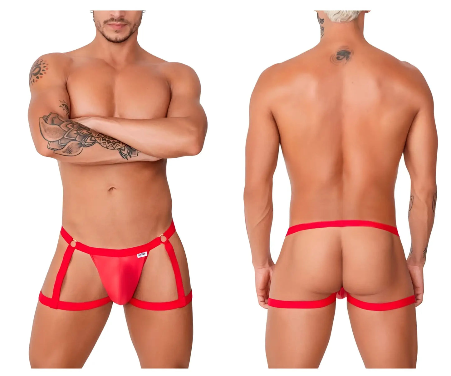 CandyMan 99749 garter jockstrap in red sheer mesh with red elastic straps and side brand tag for men