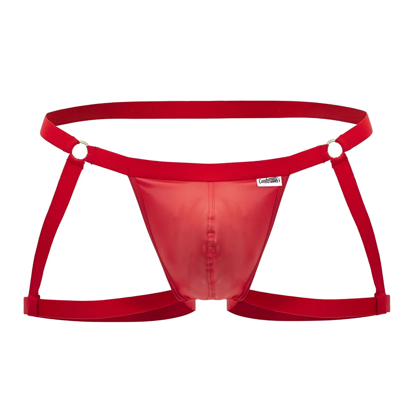 Red transparent nylon thong with adjustable side straps and branded tag from candyman 99749 garter jockstrap collection