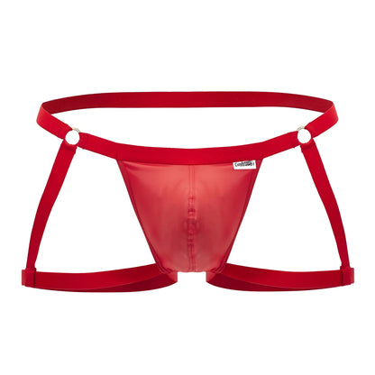 Red transparent nylon thong with adjustable side straps and branded tag from candyman 99749 garter jockstrap collection