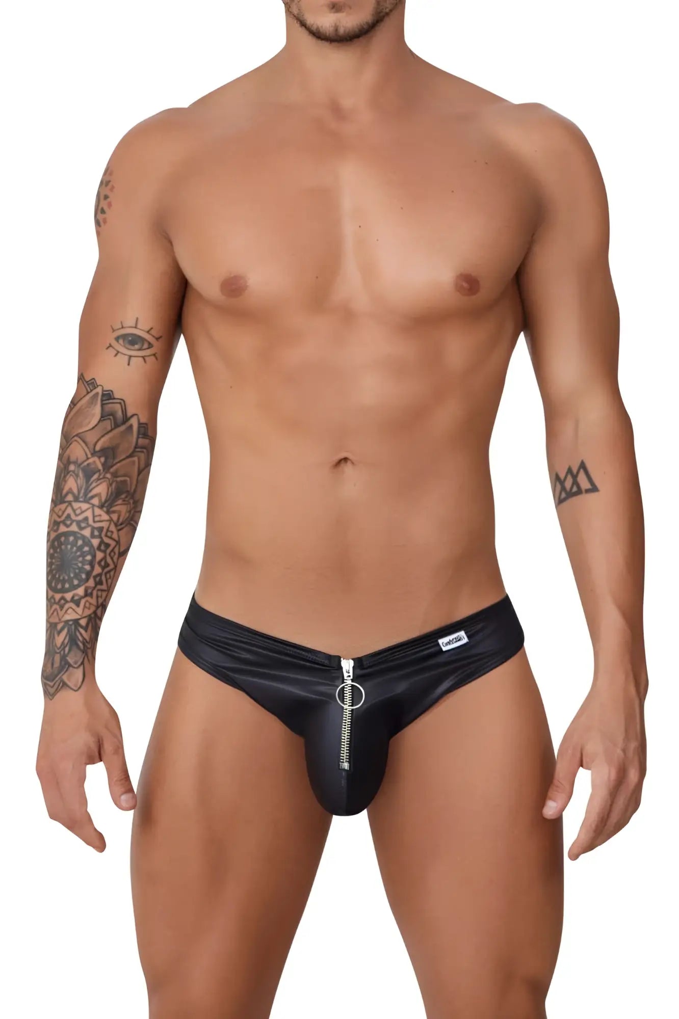 Black faux leather CandyMan 99753 Fringe jockstrap thong with central zipper and silver metal ring
