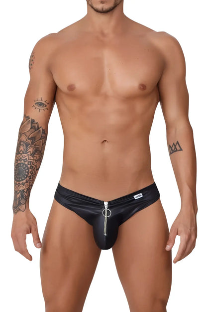 Black faux leather CandyMan 99753 Fringe jockstrap thong with central zipper and silver metal ring