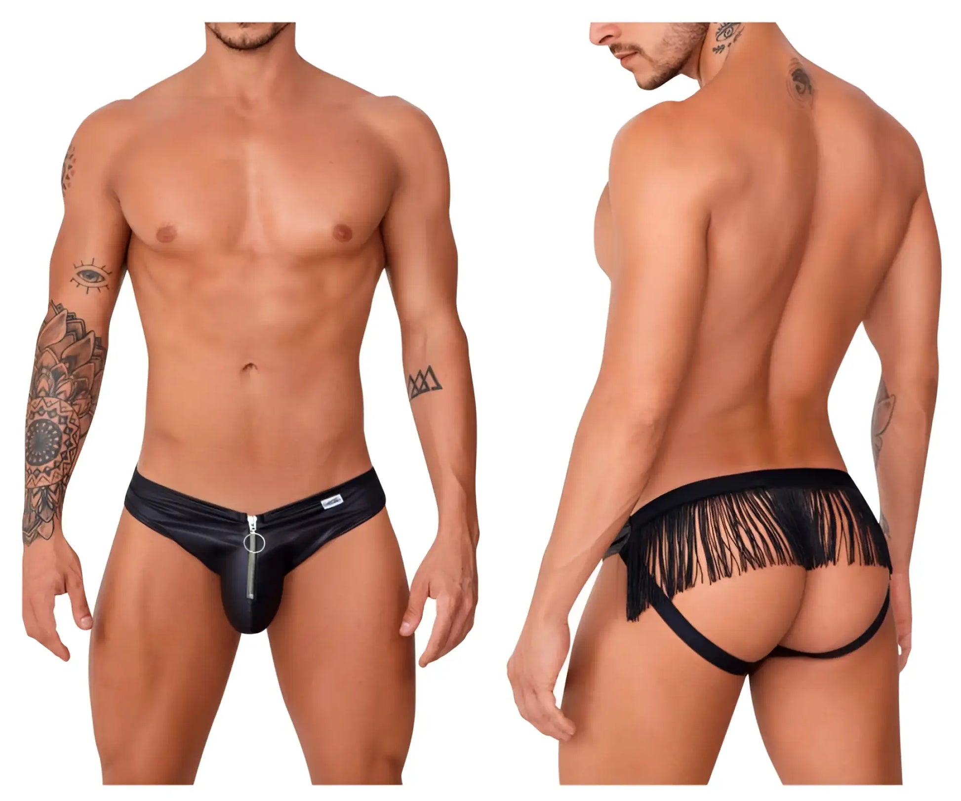 Black faux leather thong jockstrap with front zipper and back fringe detailing showing the back side