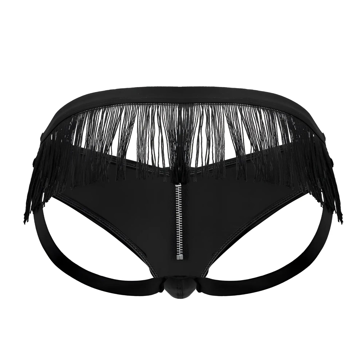 Black candyMan 99753 fringe jockstrap with central zipper and elasticized waistband showing front view