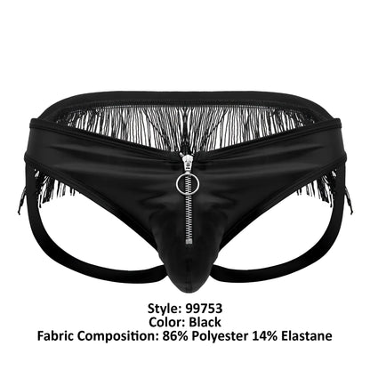 Black CandyMan 99753 fringe jockstrap briefs made of 86% polyester 14% elastane with fringe detail