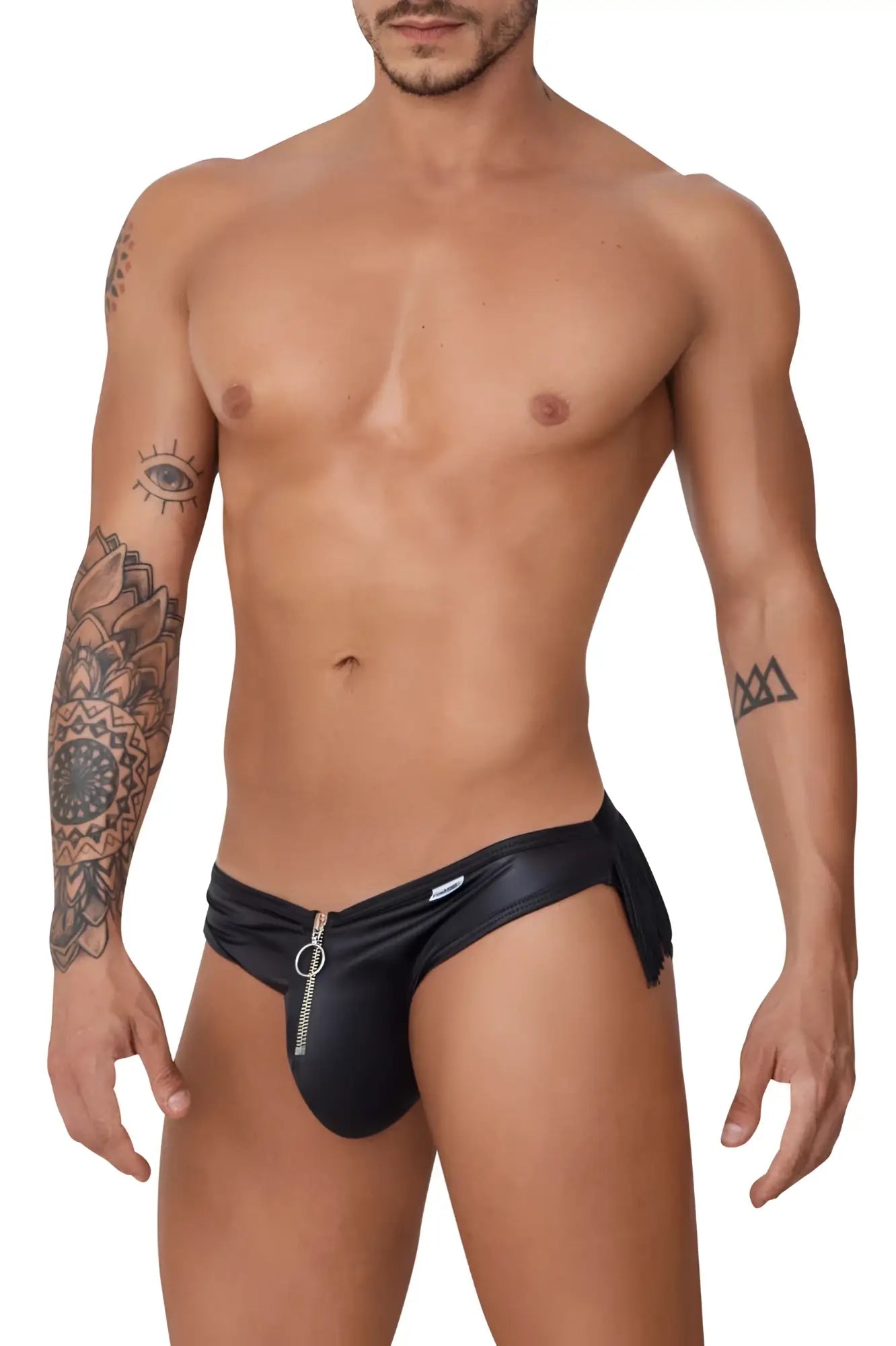 Black leather-like CandyMan 99753 fringe jockstrap swim trunks with front zipper and frayed hem