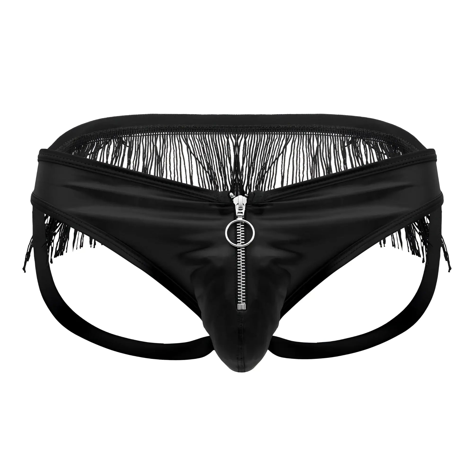 Black satin-like men’s briefs with central zipper and black fringe detailing from candyman 99753 fringe jockstrap