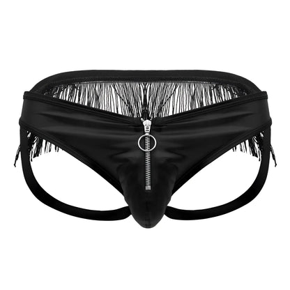 Black satin-like men’s briefs with central zipper and black fringe detailing from candyman 99753 fringe jockstrap