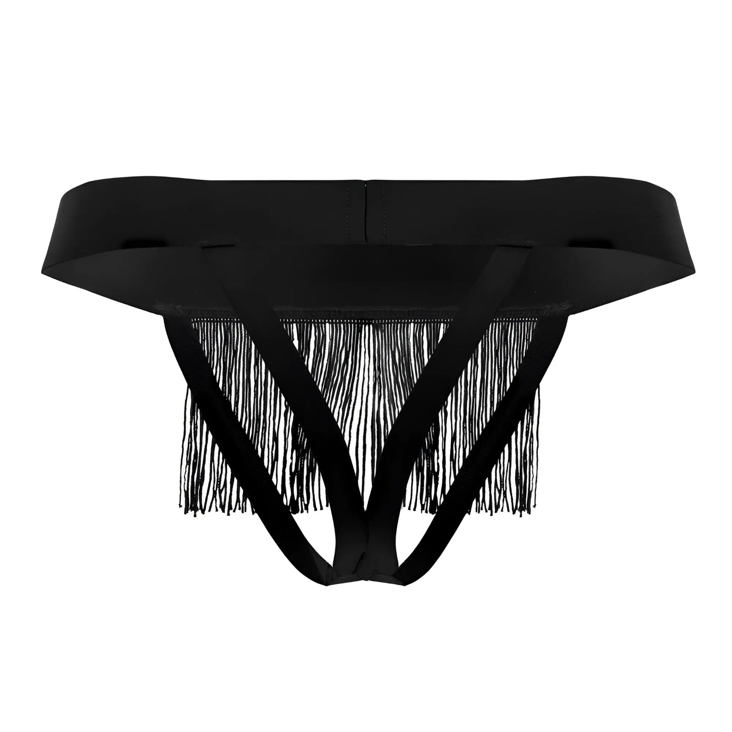 Black fringed thong by candyman 99755 with wide smooth waistband and three intersecting straps shown from the back