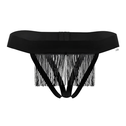 Black fringed thong with wide waistband and multiple straps by candyman shown from the back side