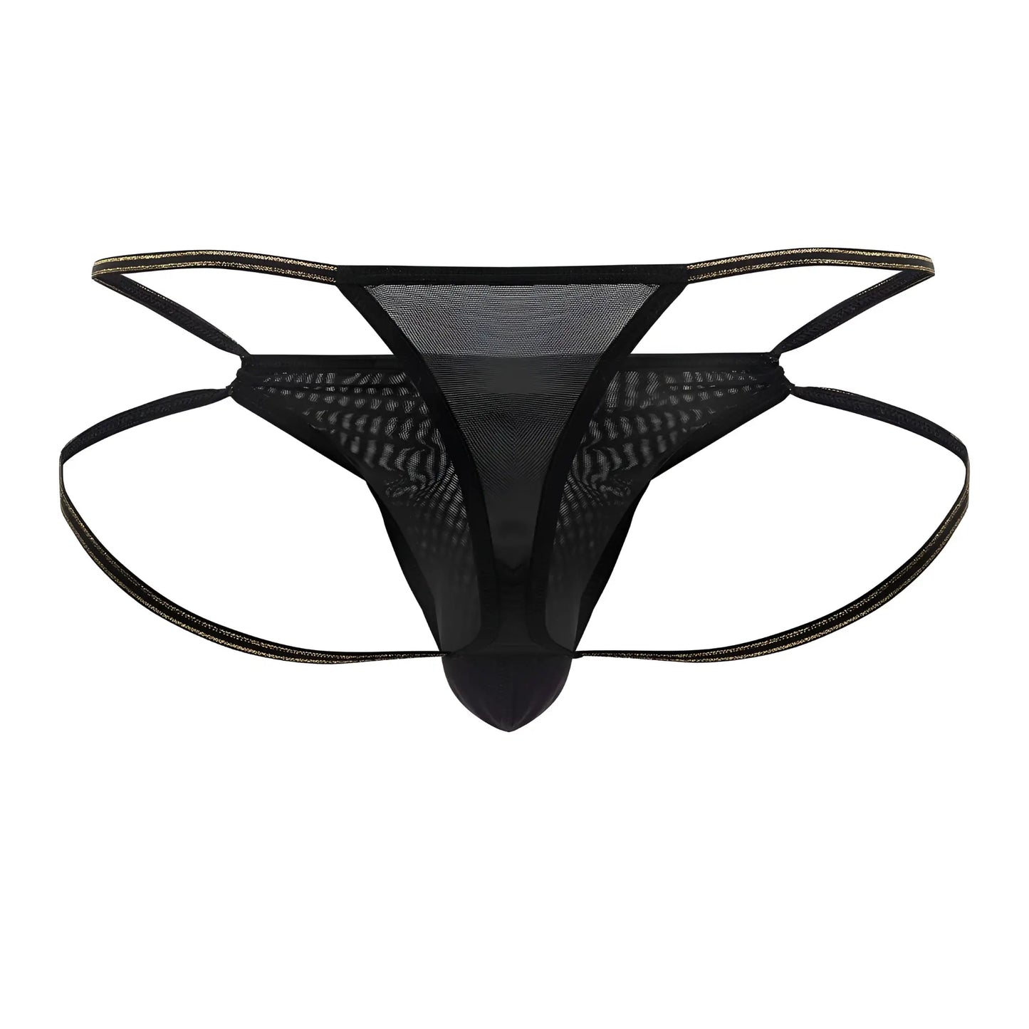 Black mesh thong candyMan 99756 with thin adjustable straps and subtle gold trim along the edges