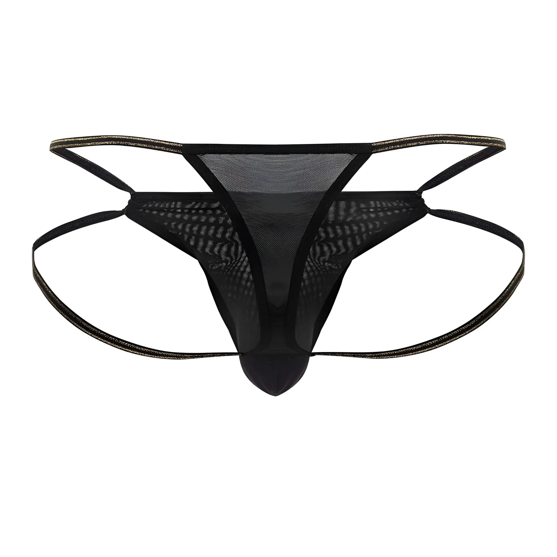 Black mesh thong candyMan 99756 with thin adjustable straps and subtle gold trim along the edges