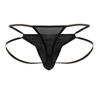 Black mesh thong candyMan 99756 with thin adjustable straps and subtle gold trim along the edges