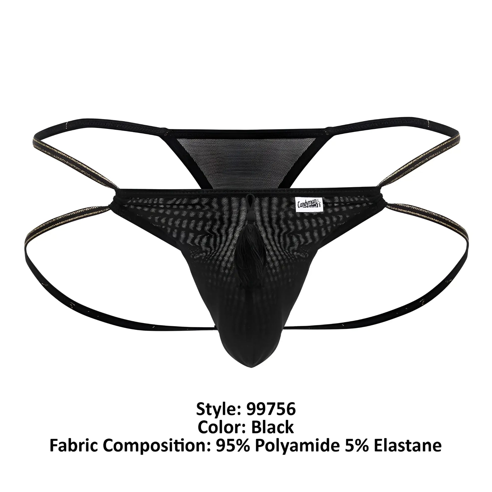 Black mesh thong with central tassel and elastic straps made from 95 polyamide 5 elastane candyman 99756 fringe thong