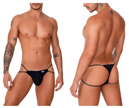 Black mesh thong with gold trim and brand tag front by candyman 99756 fringe thongs in black