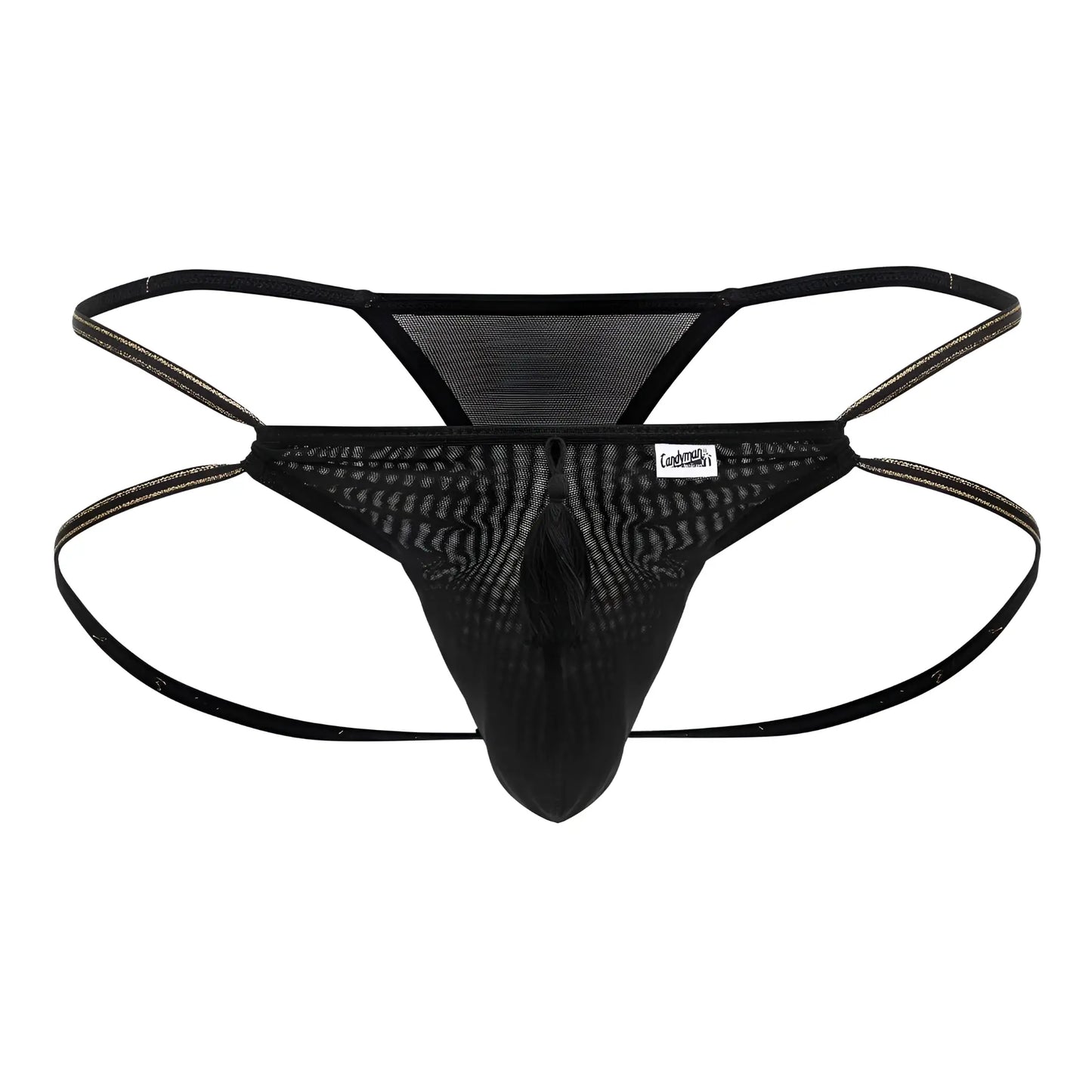 Black mesh thong candyMan 99756 fringe thong with reinforced elastic straps and central tassel detail