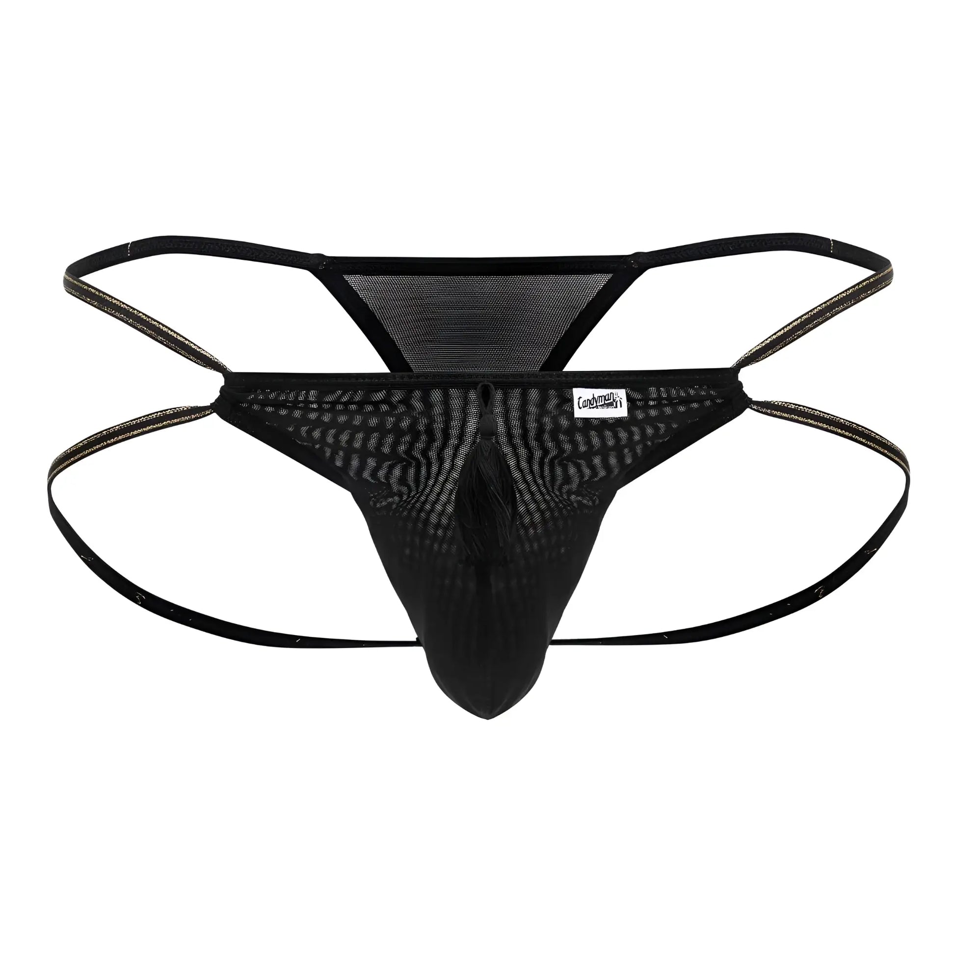Black mesh thong candyMan 99756 fringe thong with reinforced elastic straps and central tassel detail