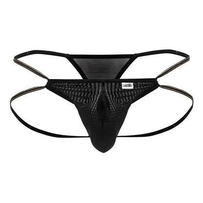 Black mesh thong candyMan 99756 fringe thong with reinforced elastic straps and central tassel detail